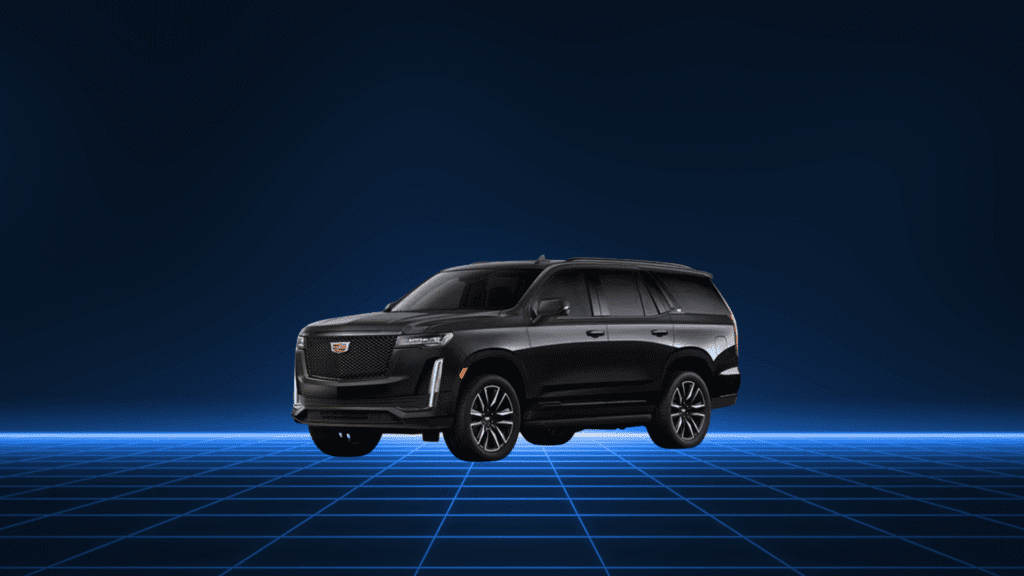 A sleek black SUV with a modern design on a futuristic grid background.