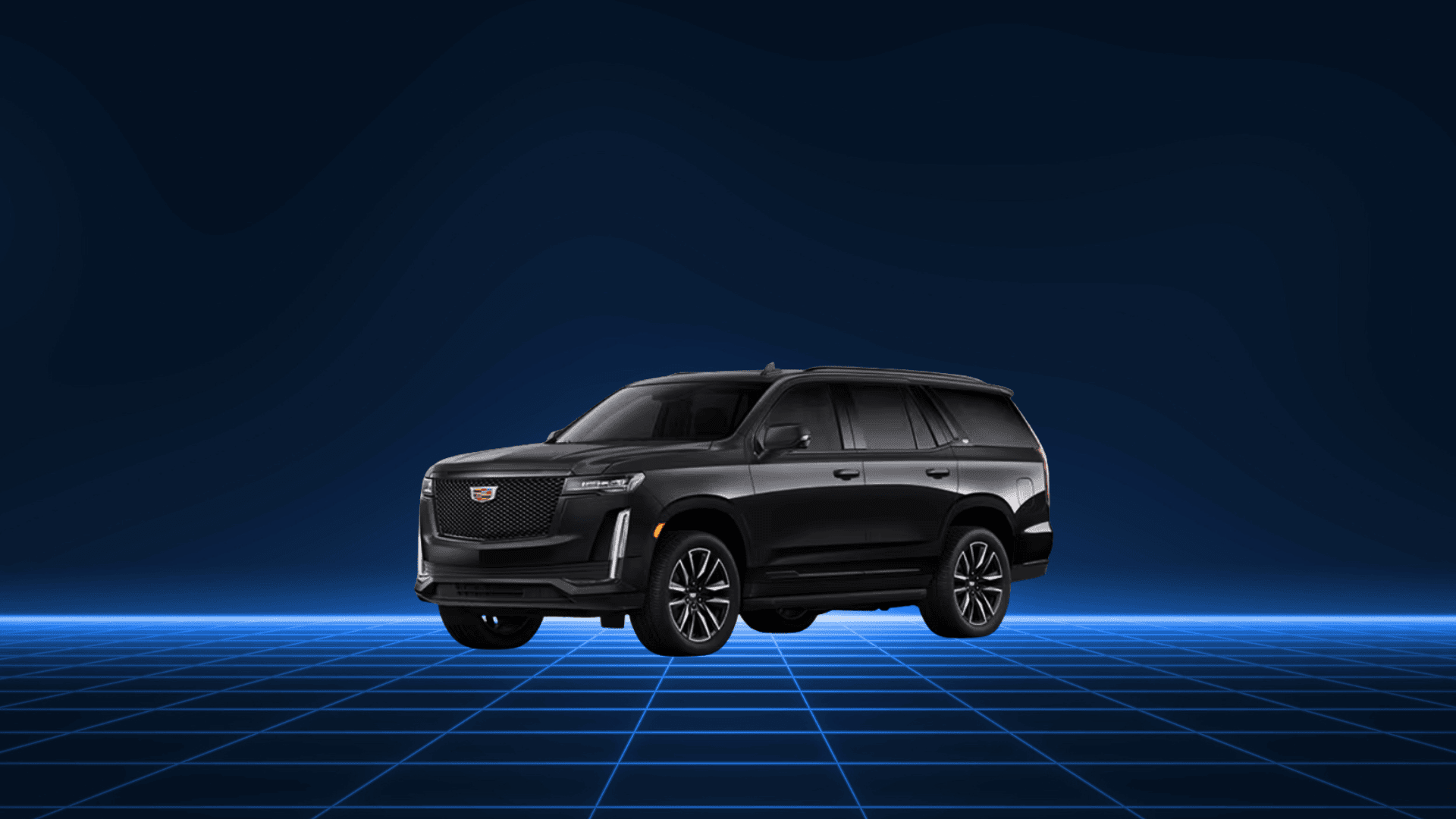A sleek black SUV with a modern design on a futuristic grid background.