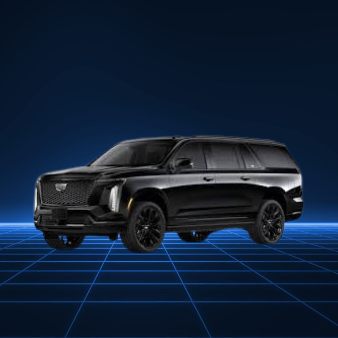 A sleek, black SUV with tinted windows on a futuristic grid background.
