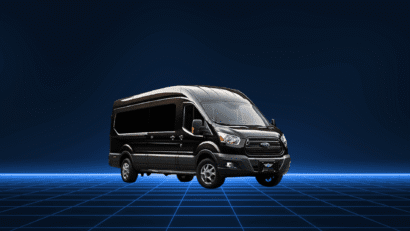 A sleek black passenger van on a futuristic grid background.