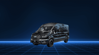 A sleek black van on a futuristic grid background.