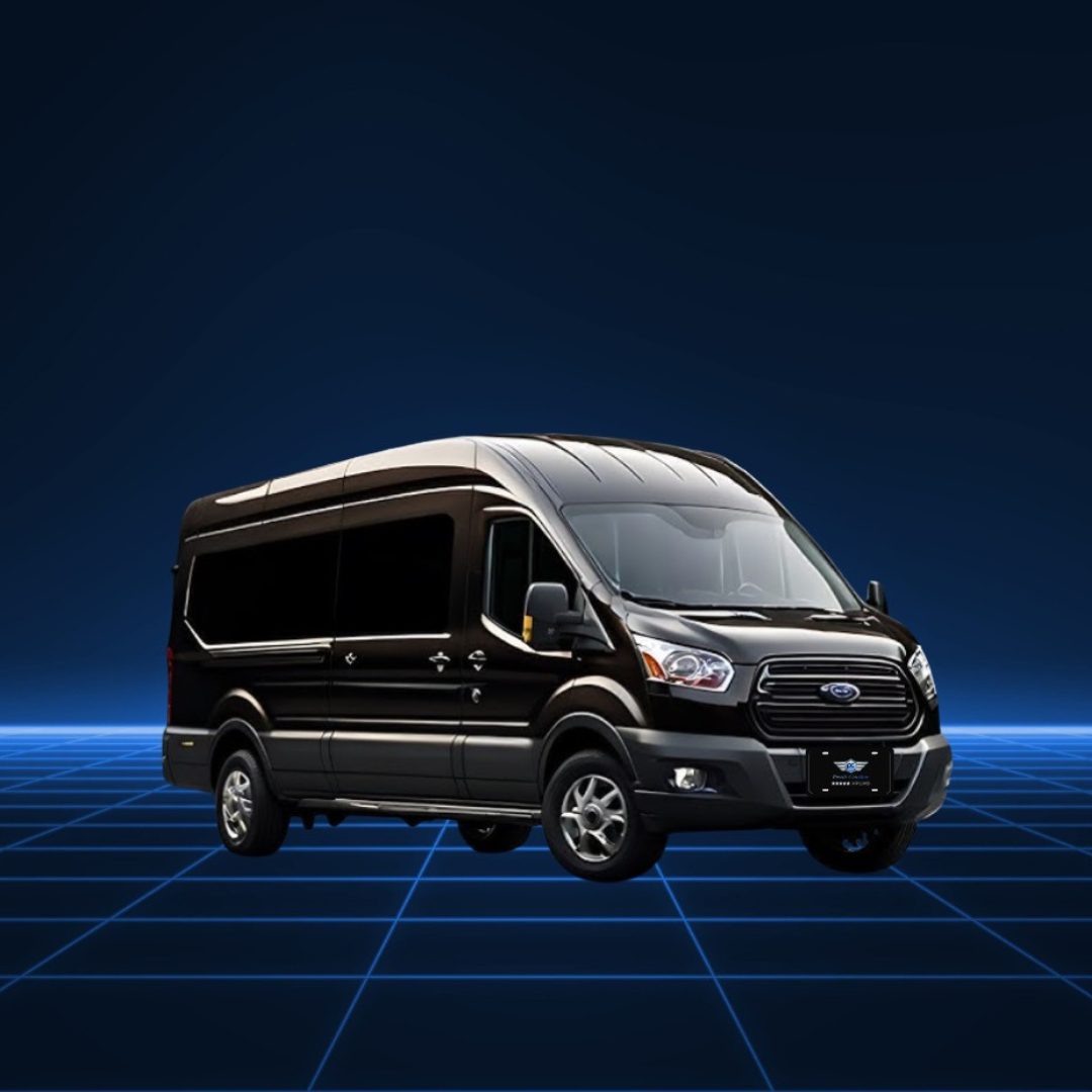 Sleek black van on a futuristic grid background with blue lighting.