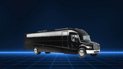 A sleek, black limousine bus on a futuristic grid background.