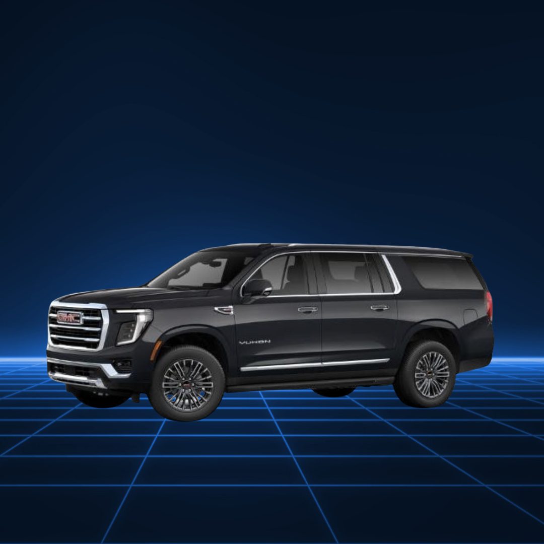 A sleek black SUV with tinted windows on a futuristic grid background.