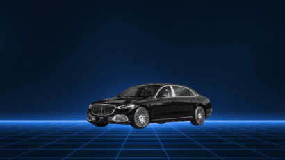 Sleek black luxury sedan on a futuristic grid background.