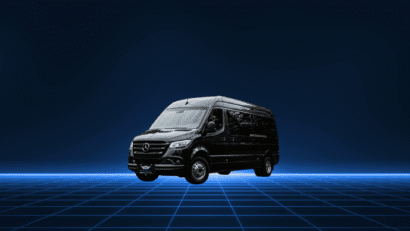 A sleek black van showcased on a futuristic grid background.