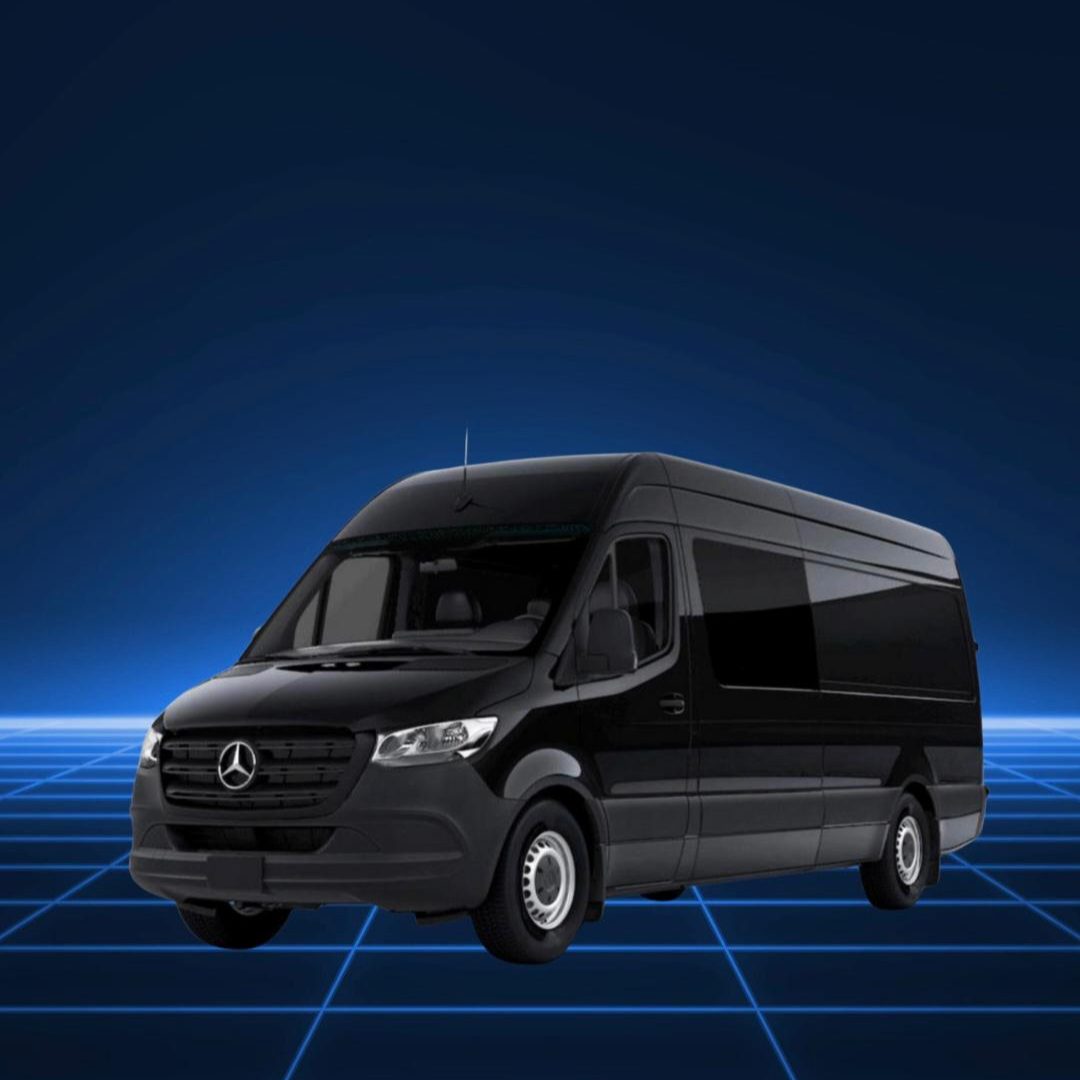 Sleek black van on a futuristic grid background at night.