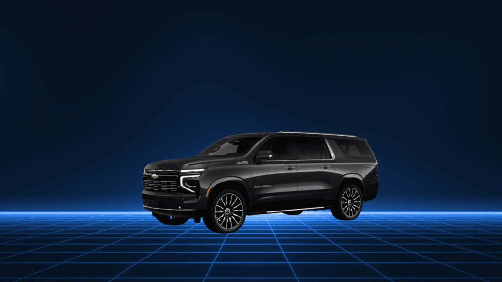 Sleek black SUV displayed on a futuristic grid background.