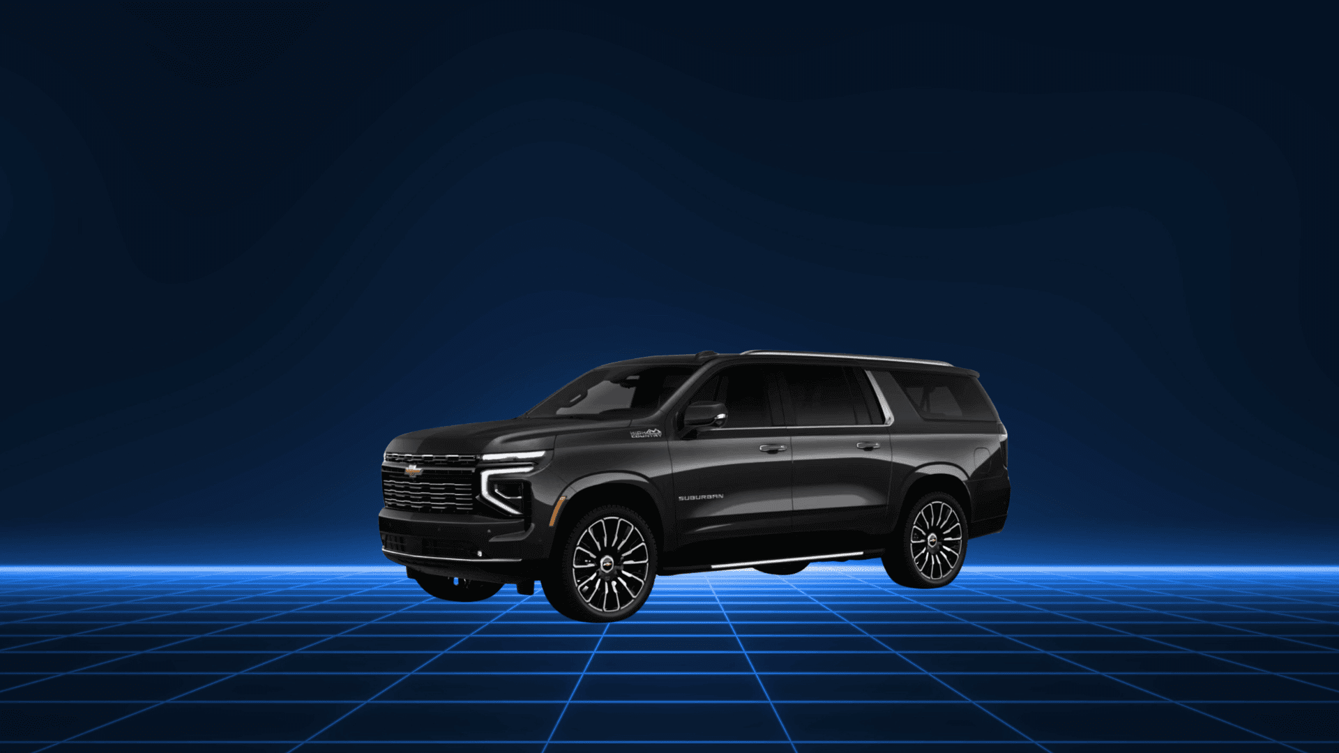 Sleek black SUV displayed on a futuristic grid background.