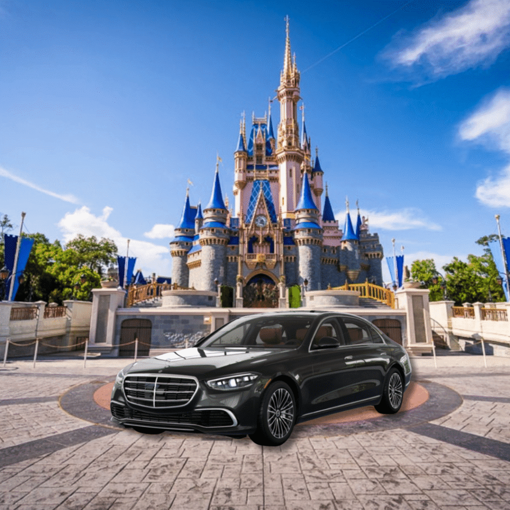Luxury black car parked in front of a grand castle under blue sky.