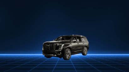 A sleek black SUV showcased on a futuristic grid platform with a dark blue background.