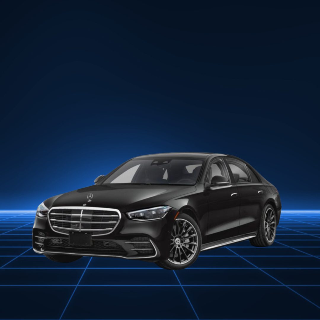Sleek black luxury sedan with modern design on a futuristic grid background.