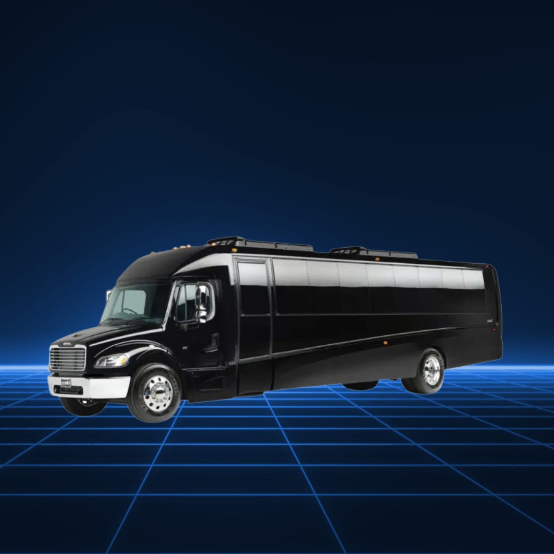 Sleek black luxury limousine bus with a modern digital grid background.