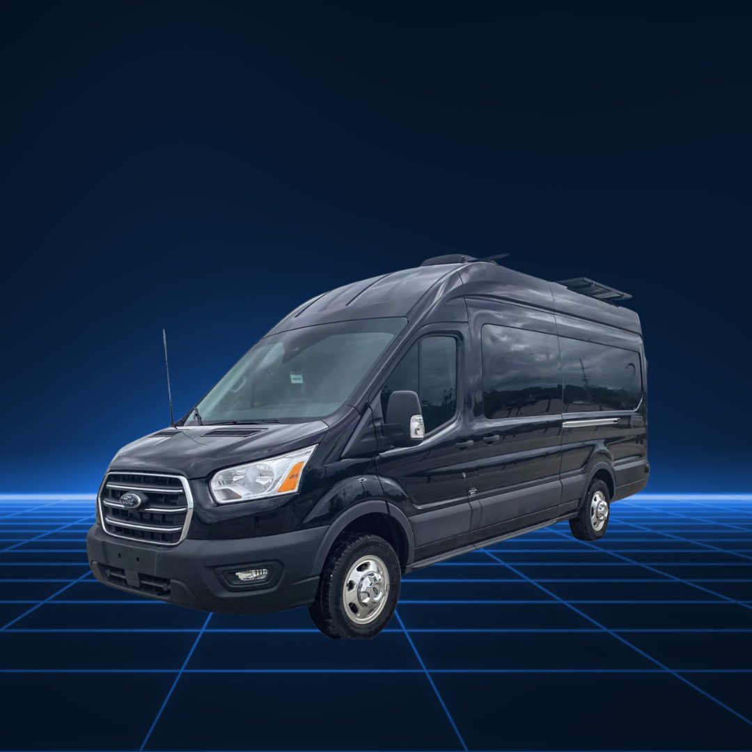 A sleek black modern van on a futuristic grid background.